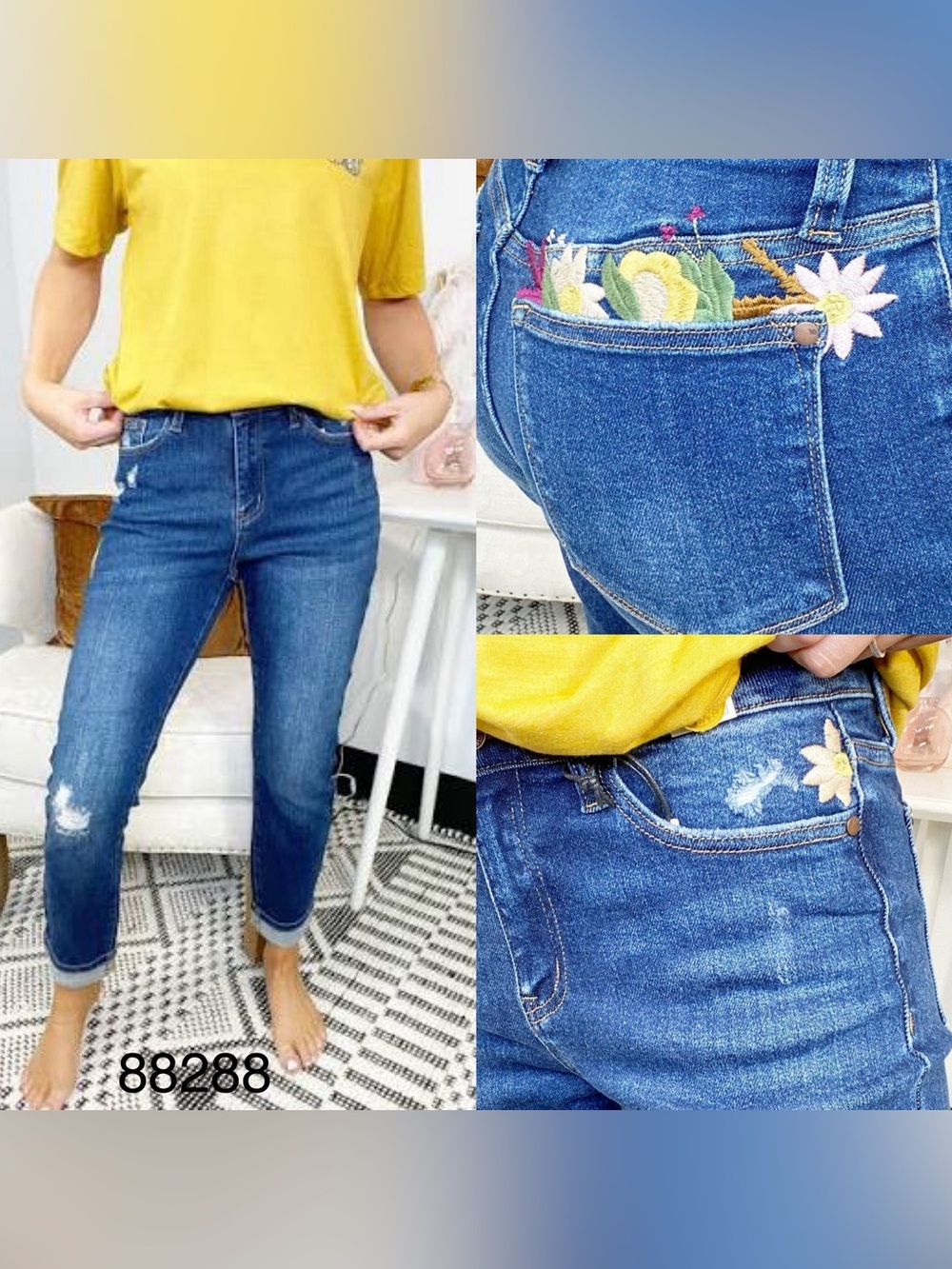Classic Blue Embroidered Pocket High-Rise Women’s boyfriend Jeans